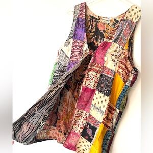 Vintage 1970s Silk Scarf print Patchwork Open Vest Tunic Tank